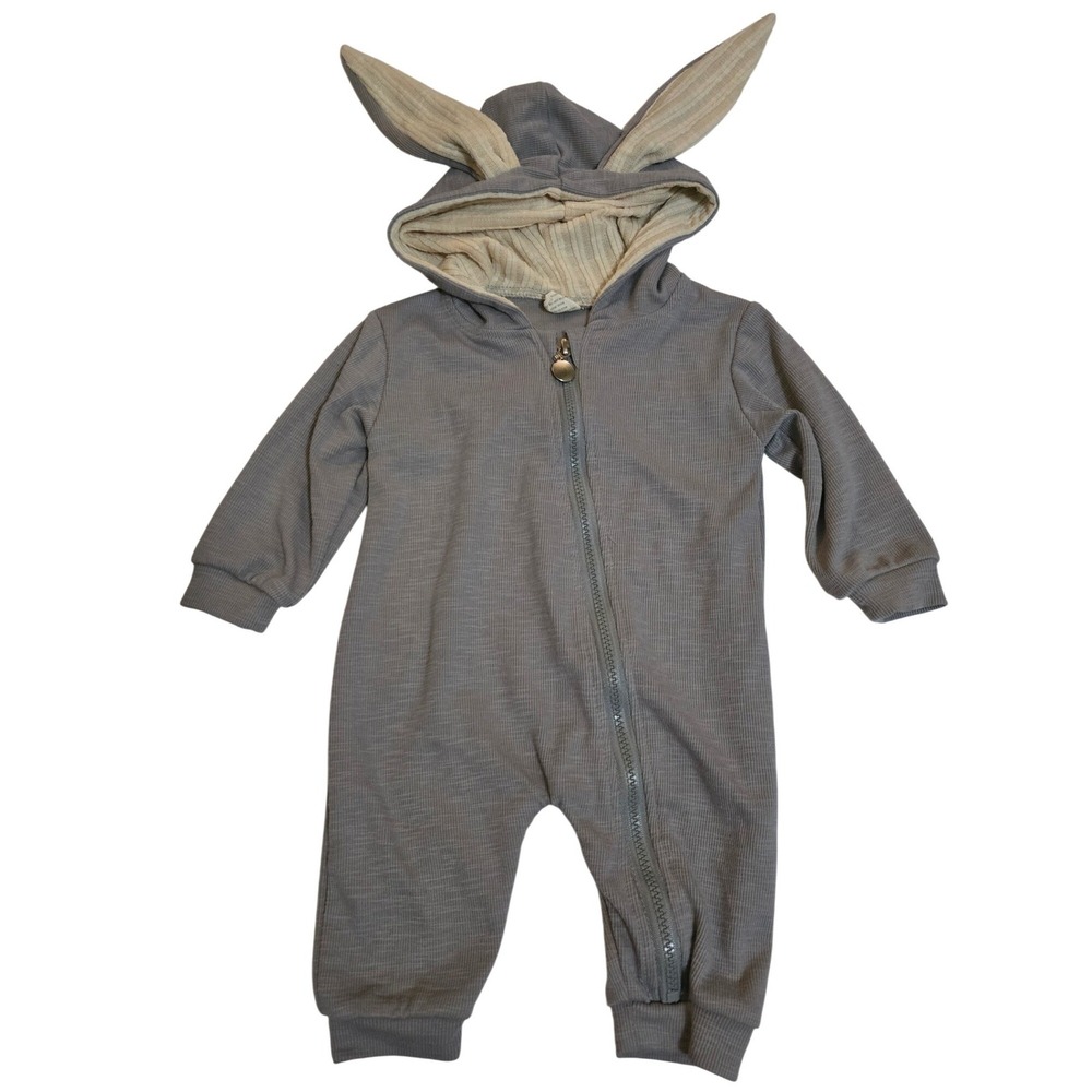 Kids Tales Bunny Ear Hooded Romper Grey Ribbed Knit Zip Up Jumpsuit Size 66